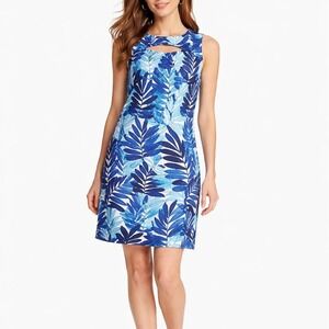 Gabby Skye Tropical Leaf Shift Dress Womens Sz 8 Blue Cutout Sleeveless Sundress